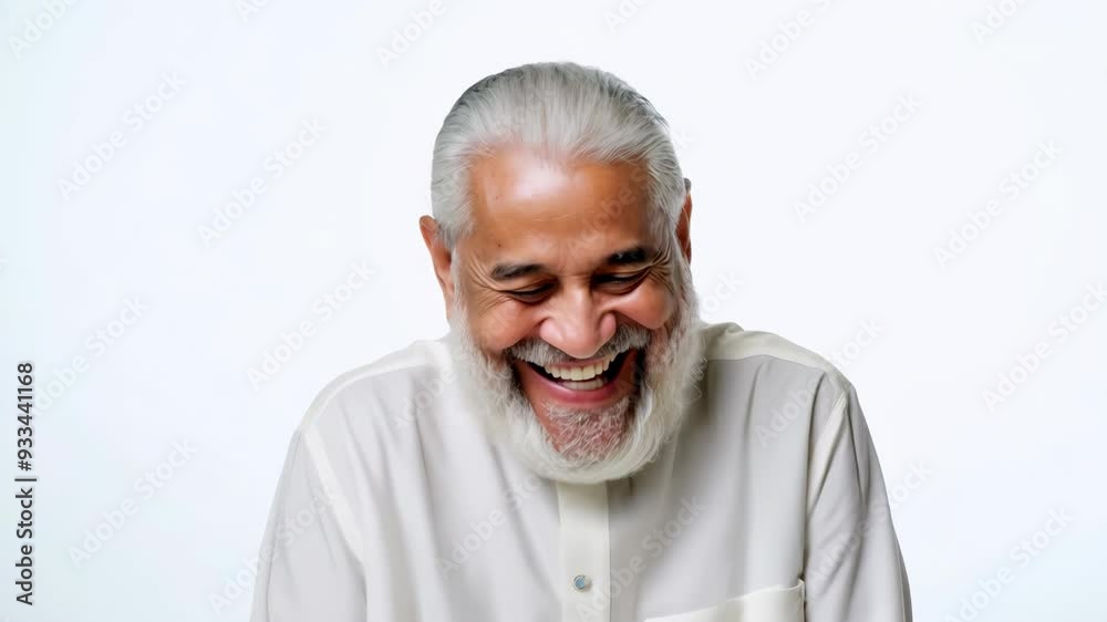 Elderly Middle Eastern man with beard giggling on plain white background Elderly Middle Eastern man with beard giggling on plain white background
