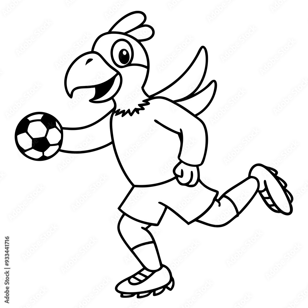 Playful Parrot Kicking a Football line art vector illustration