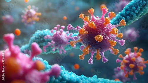 Cartoon 3D antibodies binding to pathogens during an immune response, with colorful action effects. photo