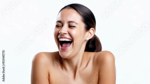 Young Caucasian woman giggling on plain white background