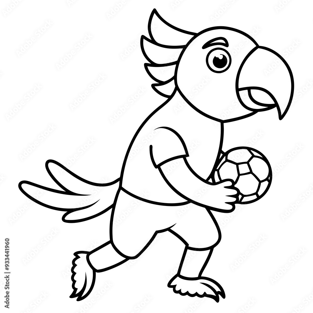 Fototapeta premium Playful Parrot Kicking a Football line art vector illustration