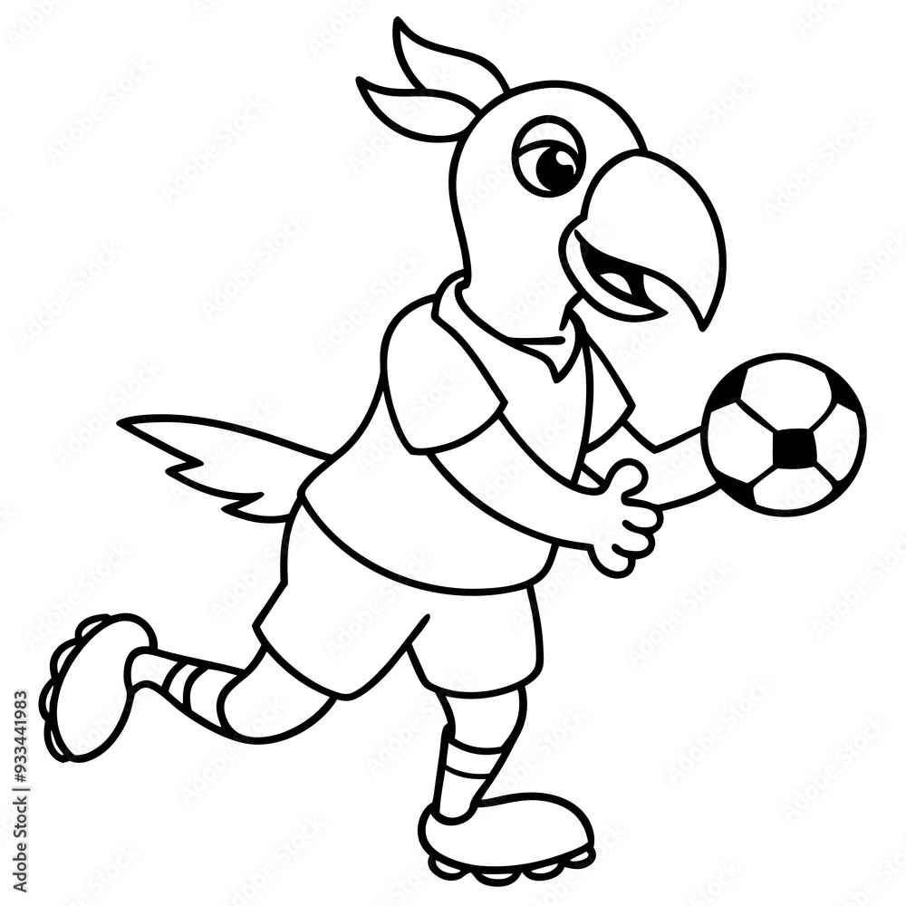 Fototapeta premium Playful Parrot Kicking a Football line art vector illustration