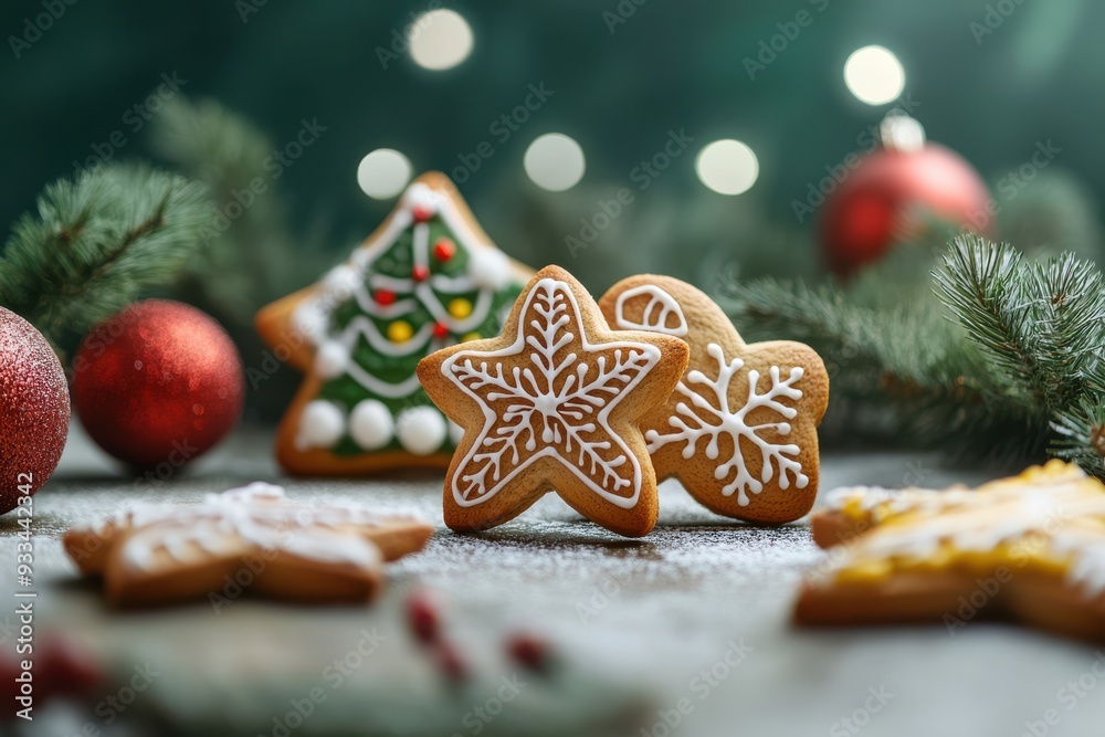 Gingerbread cookies with Christmas decorations on a festive colored background.