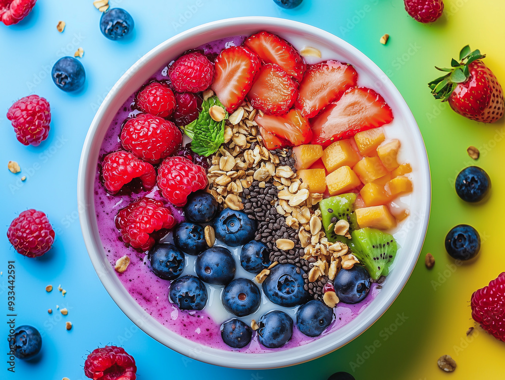 Colorful acai smoothie bowl with fresh berries, kiwi, mango, granola, and chia seeds on a vibrant background
Colorful acai smoothie bowl with fresh berries, kiwi, mango, granola, and chia seeds on a vibrant background
