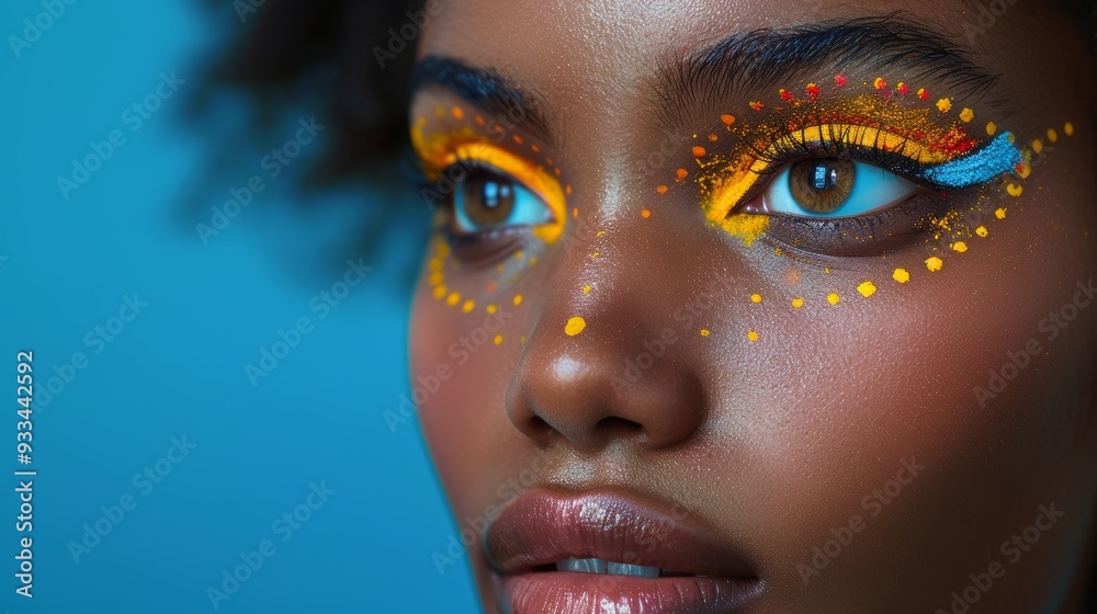 Close-up of african american woman with artistic yellow and blue dotted makeup Close-up of african american woman with artistic yellow and blue dotted makeup