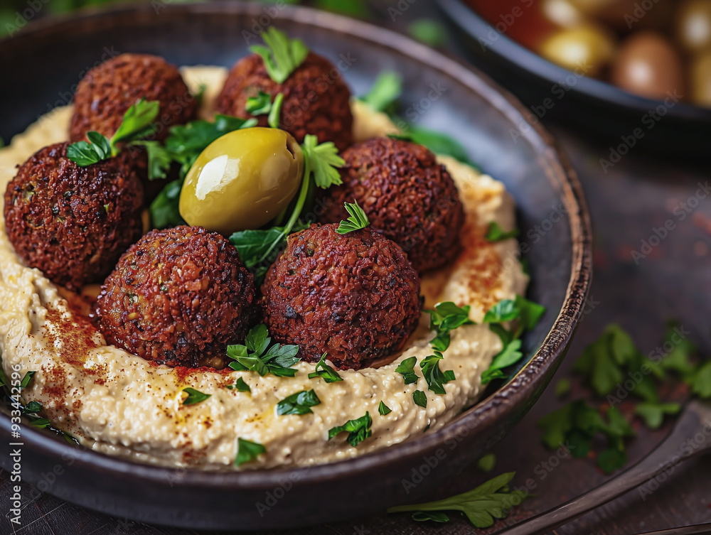 Falafel with hummus, olives, and fresh parsley in a rustic bowl, garnished with spices
