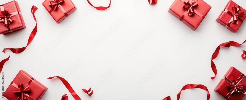 Red gift boxes and bows form an elegant Christmas border on a white background. Red gift boxes and bows form an elegant Christmas border on a white background.