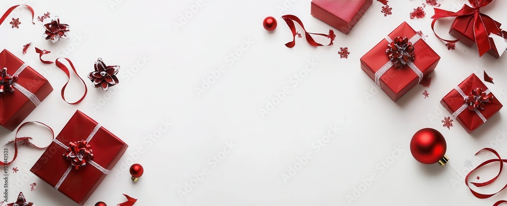 Red gift boxes and bows form an elegant Christmas border on a white background. Red gift boxes and bows form an elegant Christmas border on a white background.