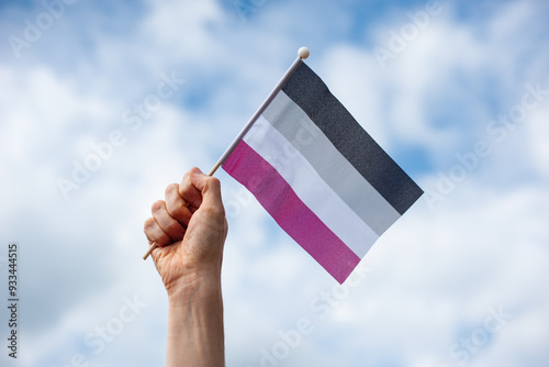 Hand holds up asexual pride flag against sky photo