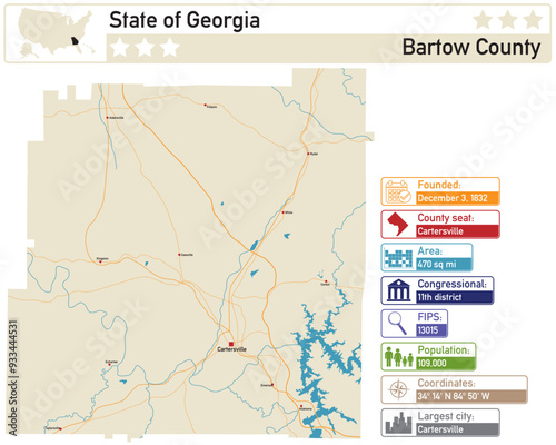 Detailed infographic and map of Bartow County in Georgia USA.