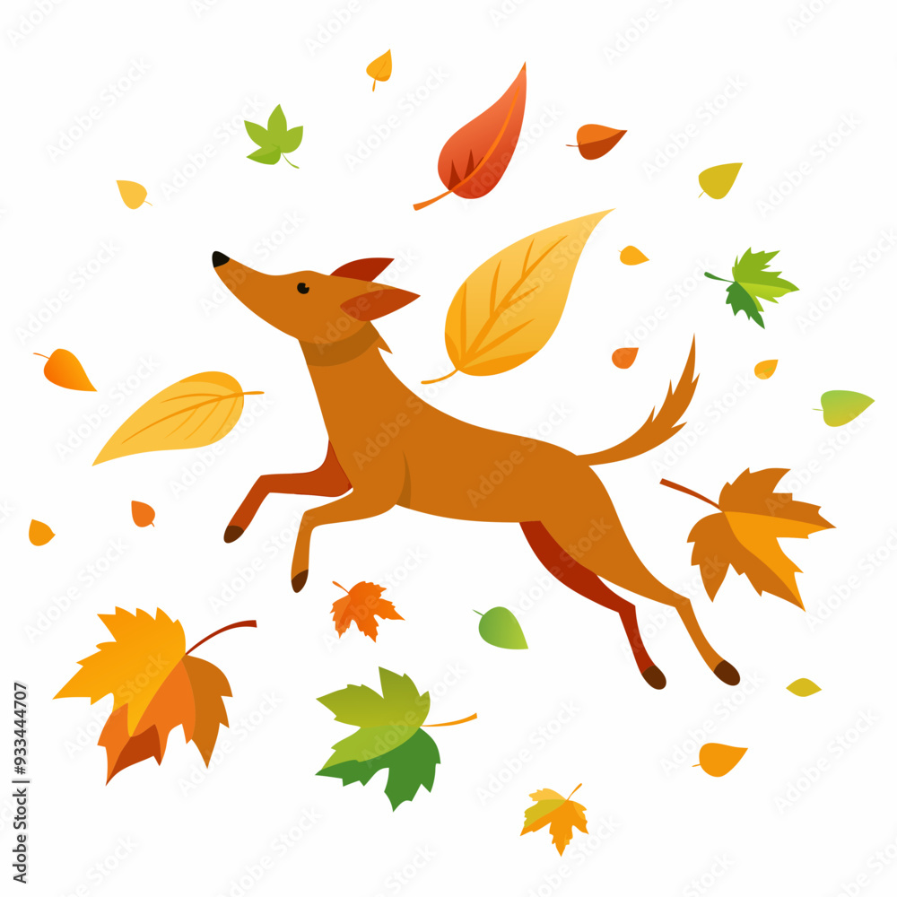 Dog Leaping Through Autumn Leaves - A Playful Dog Amidst a Whirlwind of Colorful Fall Foliage on a White Background art vector illustration Dog Leaping Through Autumn Leaves - A Playful Dog Amidst a Whirlwind of Colorful Fall Foliage on a White Background art vector illustration
