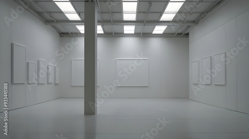 Spacious room dominated by a series of empty white banners, creating a clean, modern look. generative.ai