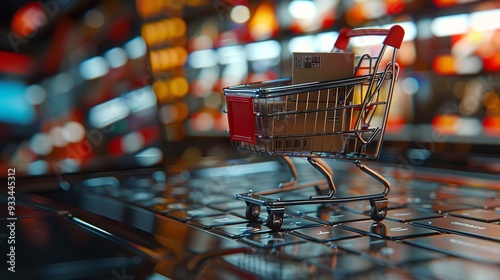 A vibrant neon-lit shopping cart stands empty on a reflective wet surface at night - Genetative ai photo