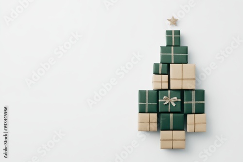 3D Christmas tree made of stacked gift boxes on light background, top view, green palette.