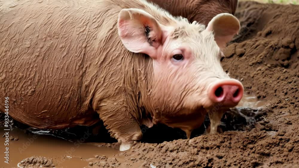 Pig Rolling in Mud in Pigsty with Joyful Expression Pig Rolling in Mud in Pigsty with Joyful Expression