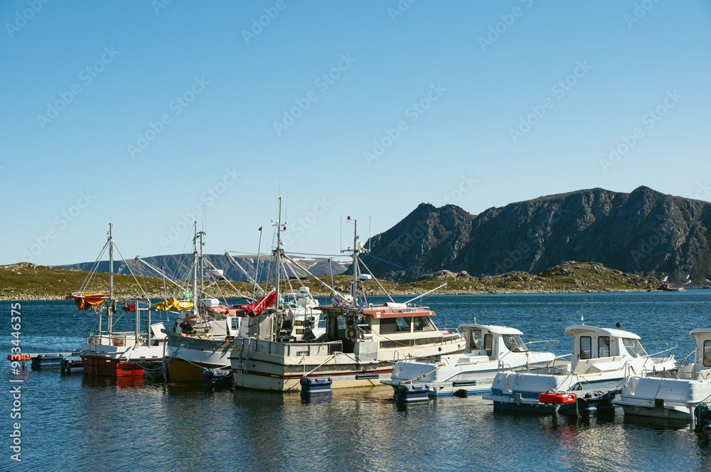 view of the village of Gjesvaer during a sunny spring day, north Cape, mageroya island, Norway view of the village of Gjesvaer during a sunny spring day, north Cape, mageroya island, Norway
