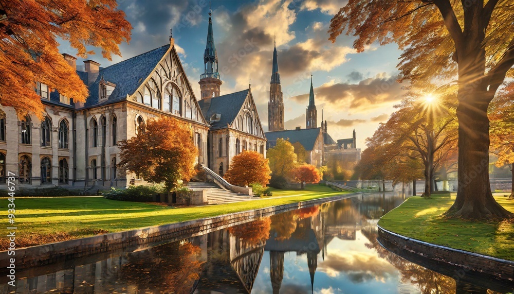 Fototapeta premium Peaceful canal reflecting ancient Gothic university buildings in autumnal hues. Historic university campus bathed in warm sunset glow, reflected in a serene canal.
