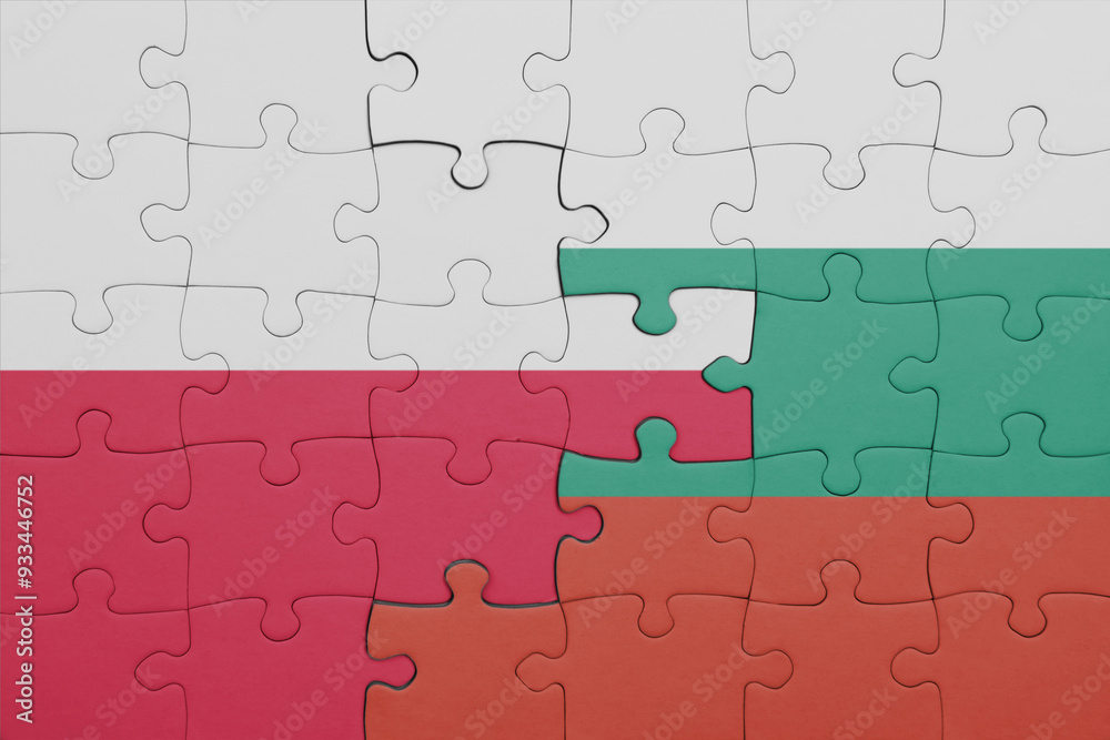 puzzle with the colourful national flag of bulgaria and flag of poland. puzzle with the colourful national flag of bulgaria and flag of poland.