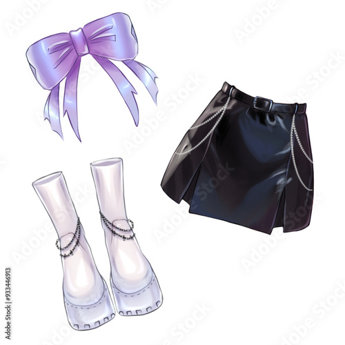 A chic outfit with a delicate bow, a sleek leather skirt, and trendy boots for a stylish look