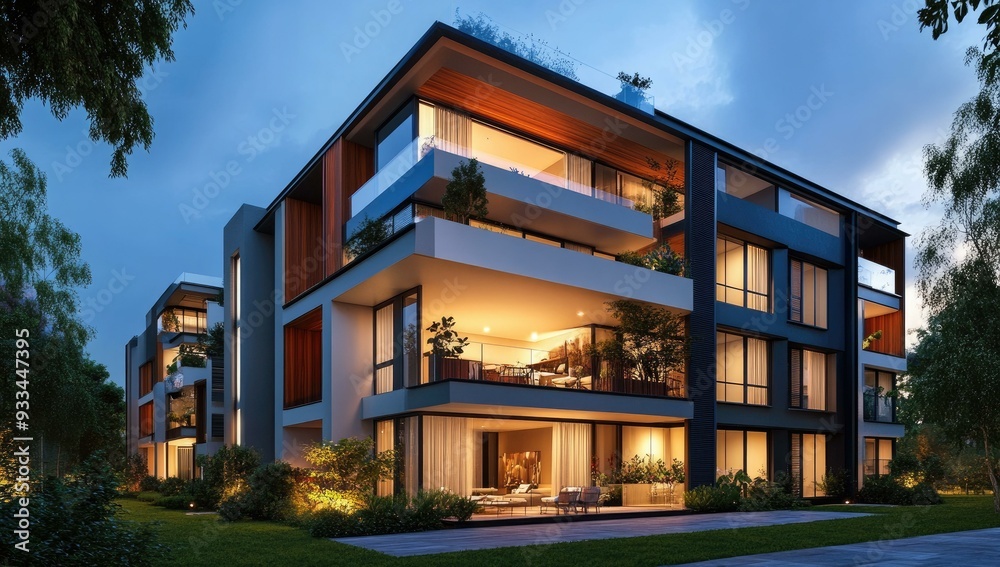 Modern house with balconies, lit up at night. Modern house with balconies, lit up at night.