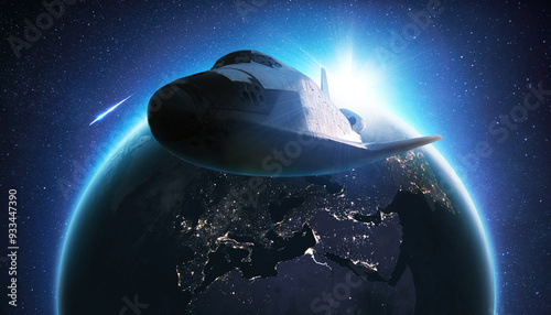 Fototapeta Naklejka Na Ścianę i Meble -  Rocket with blue sunlight lift off. Space shuttle takes off into space on a background of blue planet earth with amazing sunset. Successful start of a space mission. Travel to Mars