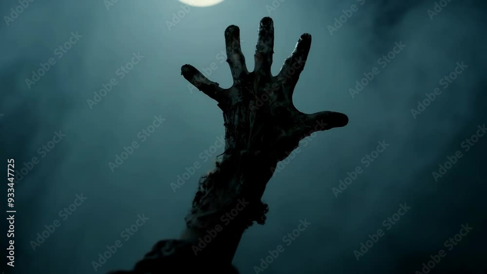 Animation of creepy dirty zombie hand rising on night evil cemetery in full moon. Monster rising from the grave. Trick or Treat. Holiday Halloween concept
