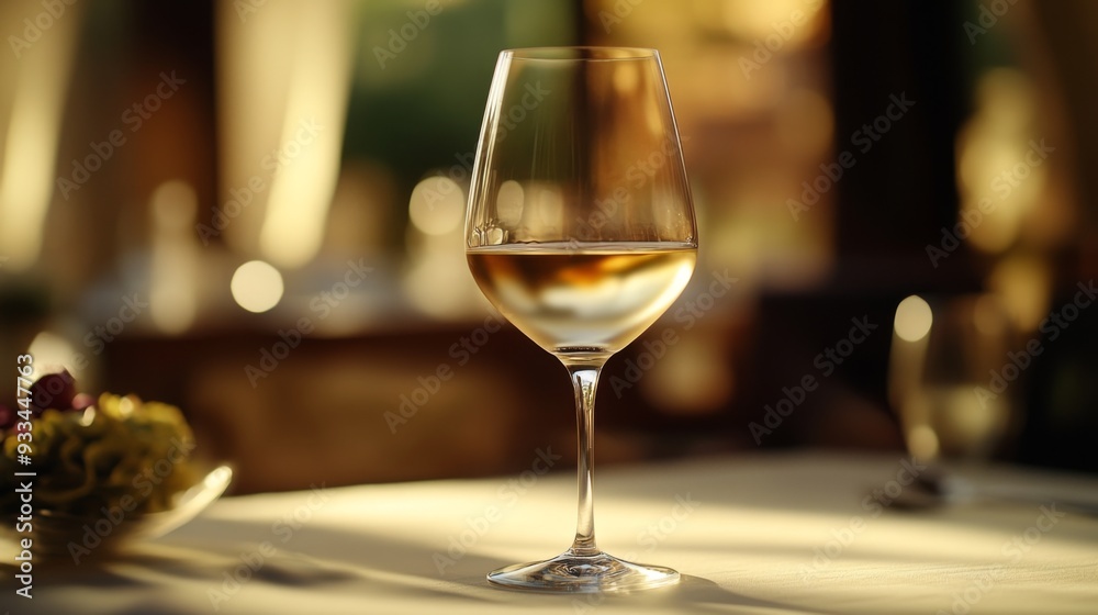 High-definition shot of a single wine glass with a rich, golden white wine, elegantly set on a table with soft, ambient lighting in the background. High-definition shot of a single wine glass with a rich, golden white wine, elegantly set on a table with soft, ambient lighting in the background.