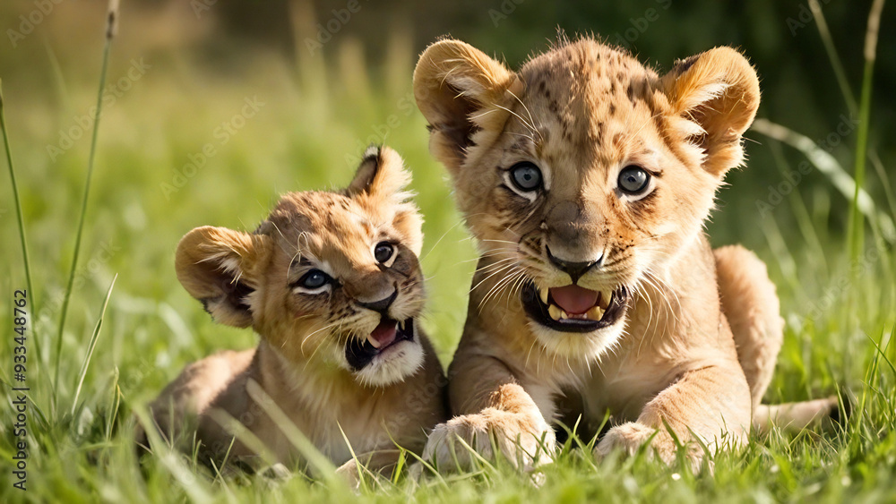 Naklejka premium lion cubs in grass