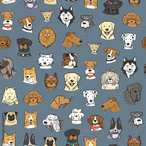 Funny dog heads breed collection illustrations seamless pattern.