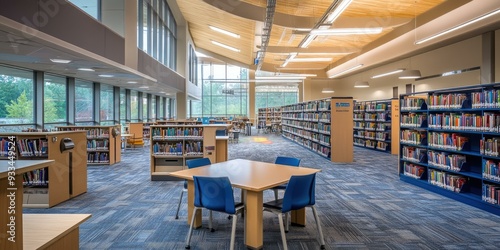 Modern library with bookshelves and blue chairs.