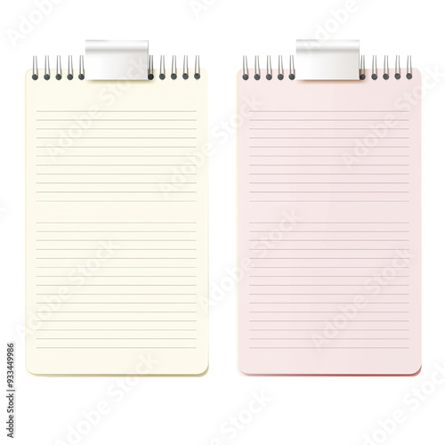 A set of two spiral notebooks with light pink and white paper, lined pages, front view, simple design, illustration style isolated on transparent background
