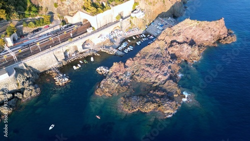 Europe, Italy, Framura is a little sea village in Liguria close to 5 terre ( five island )  - drone aerial view of mediterranean coast - natural harbour and beach  photo