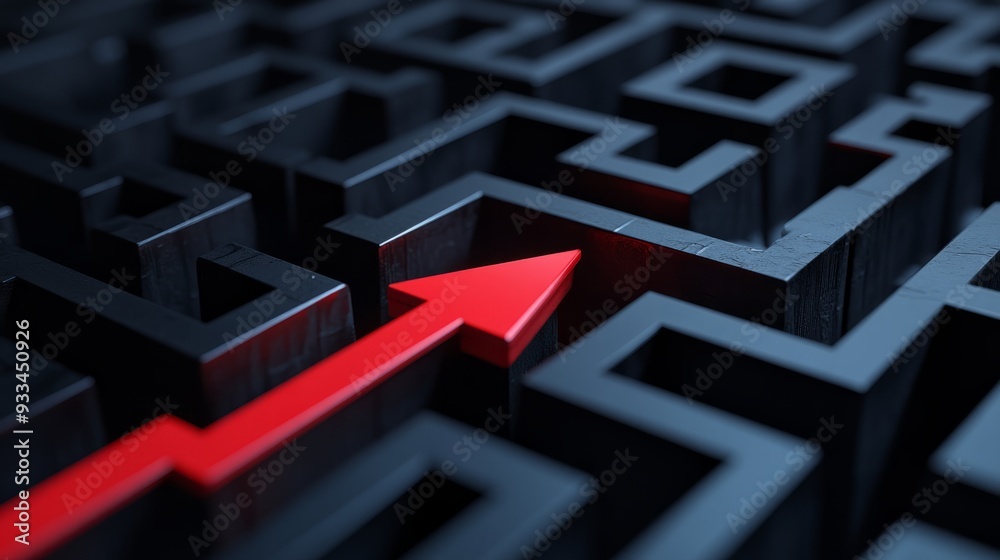A red arrow navigating through a complex black maze, symbolizing overcoming obstacles and finding solutions A red arrow navigating through a complex black maze, symbolizing overcoming obstacles and finding solutions