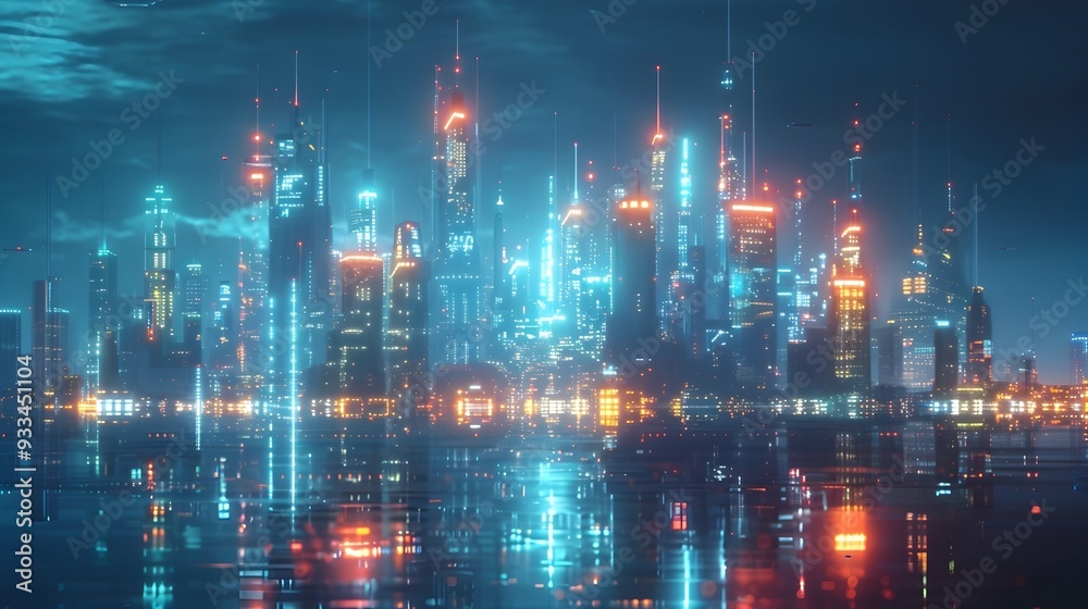 Naklejka premium Futuristic Skyline of Smart City with Holographic Communication Devices