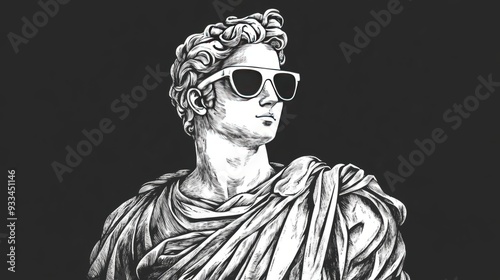 Classical statue wearing sunglasses, ancient art with a modern, stylish twist sketch engraving fictional character raster illustration. Scratch board imitation. Black and white image photo