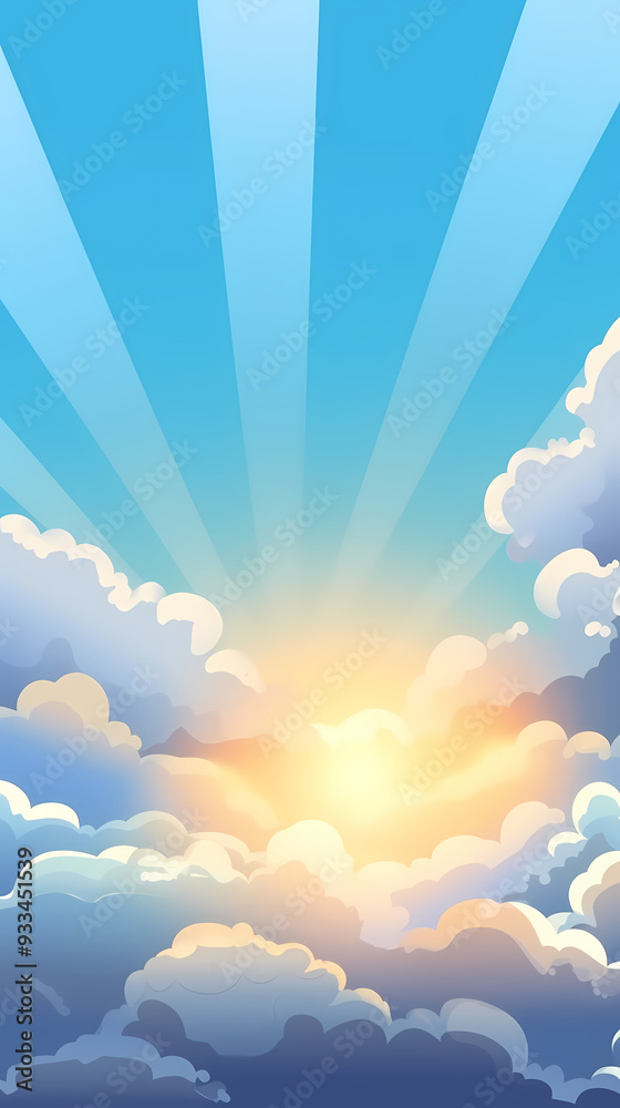 Fototapeta premium Vector evening sky clouds. Anime style background with shining sun and white fluffy clouds. Sunny day sky scene cartoon vector illustration.