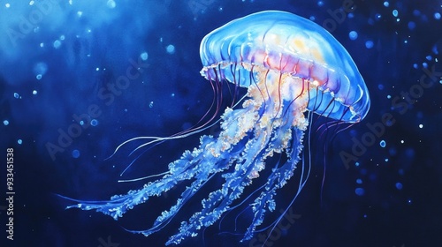 Watercolor depiction of a luminous blue jellyfish set against a rich blue backdrop