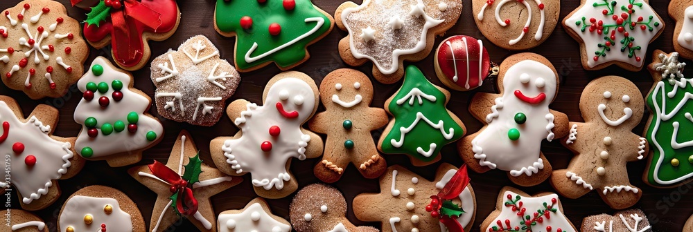 An overhead view of a variety of Christmas cookies, including gingerbread men, sugar cookies, and shortbread, all decorated festively An overhead view of a variety of Christmas cookies, including gingerbread men, sugar cookies, and shortbread, all decorated festively