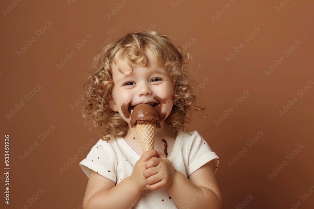 Close-up of smiling child her curly blond hair shining sun. Adorable girl beams happiness her curly hair glowing. Child savors each bite of their ice cream cone. Close-up of smiling child her curly blond hair shining sun. Adorable girl beams happiness her curly hair glowing. Child savors each bite of their ice cream cone.