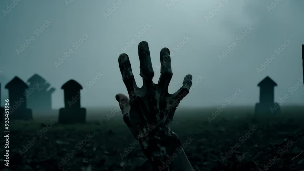 Animation of creepy dirty zombie hand rising on night evil cemetery in full moon. Monster rising from the grave. Trick or Treat. Holiday Halloween concept Animation of creepy dirty zombie hand rising on night evil cemetery in full moon. Monster rising from the grave. Trick or Treat. Holiday Halloween concept