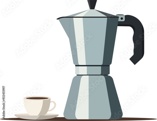 Coffee design set with moka pot illustration. Coffee shop sign, logo, banner. Vector illustration in flat style