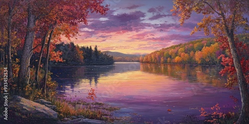 Autumnal forest lake with a vibrant sunset.