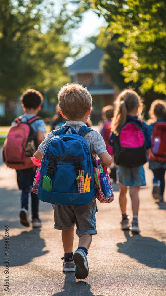 Children walking to school with backpacks Children walking to school with backpacks