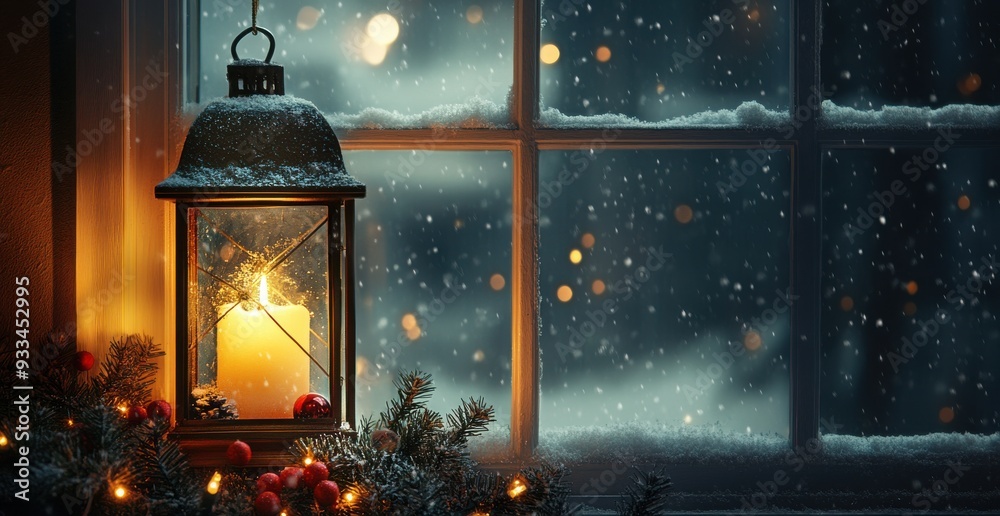 A window with Christmas decorations, snow falling outside, and an old lantern glowing on snowy ground. Dark background, warm light. A window with Christmas decorations, snow falling outside, and an old lantern glowing on snowy ground. Dark background, warm light.