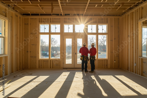 Two Construction Workers Inspecting a Sunlit Room in a New Home Build