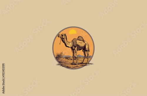 camels in the desert vintage design vector illustration