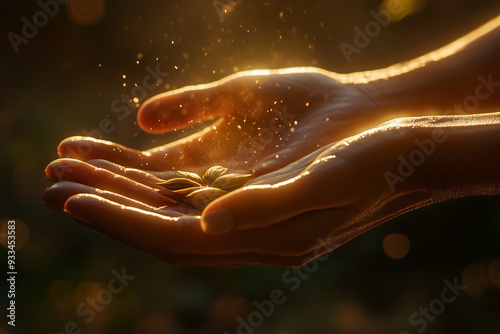 Hands Cradling Glowing Seeds in Warm Golden Light, Symbolizing New Beginnings