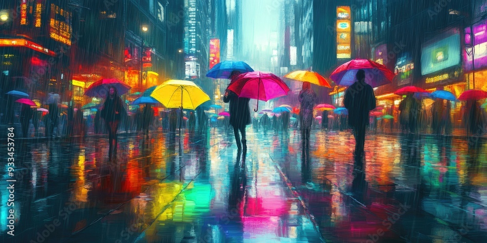 Rainy city night with colorful umbrellas. Rainy city night with colorful umbrellas.