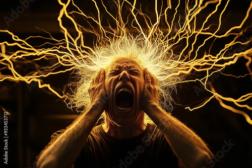 Frantic Man Screaming in Agony with Electric Energy Bursting from Head