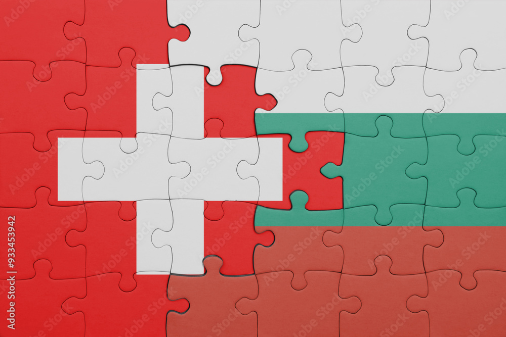 puzzle with the colourful national flag of bulgaria and flag of switzerland. puzzle with the colourful national flag of bulgaria and flag of switzerland.